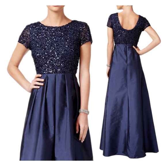 Adrianna Papell Cap Sleeve Sequin Taffeta Evening Gown - Dark Navy - Picture 3 of 4